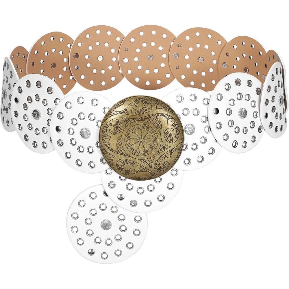Women Vintage Leather Boho Belt Western Disc Waist Belt for Dress or Jeans